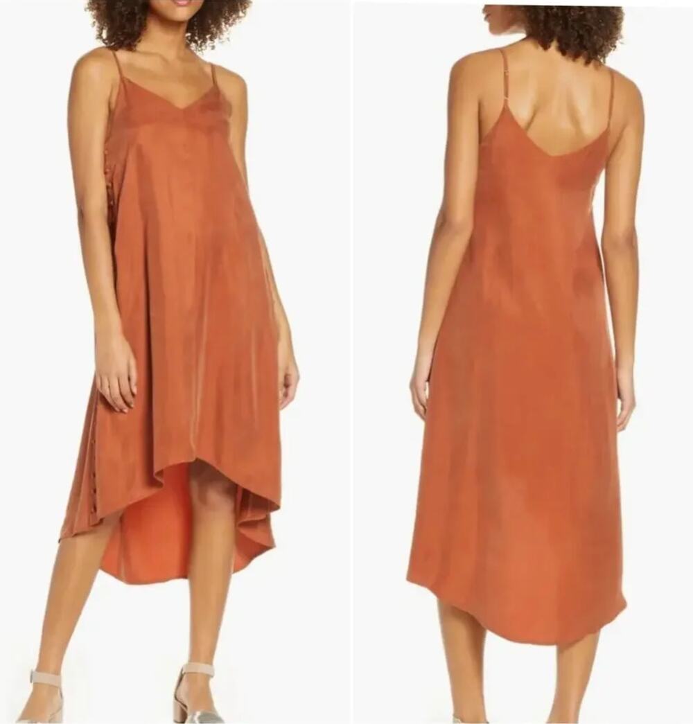 Sancia Claudia High Low Button Down Slip Midi Dress in Terra Cotta size S